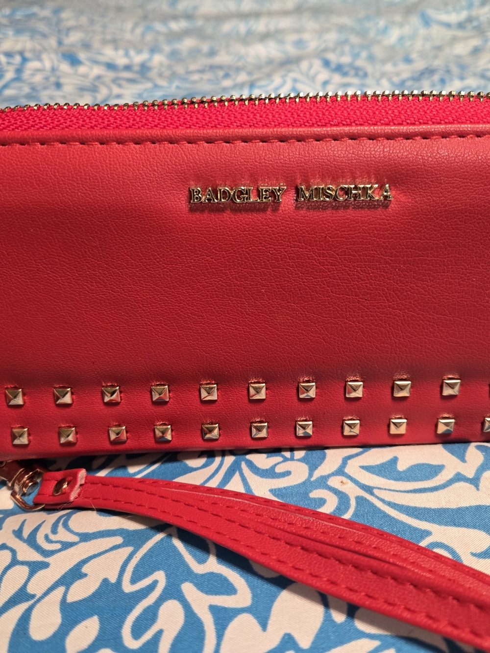 Badgley Mischka Bright Red Studded Wristlet Clutch with Gold Accents